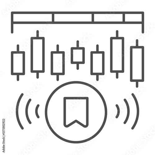 Network data with marker thin line icon, neural dataset concept. Vector graphics. Pump and dump token with mark sign on white background, outline style icon for mobile or web design.