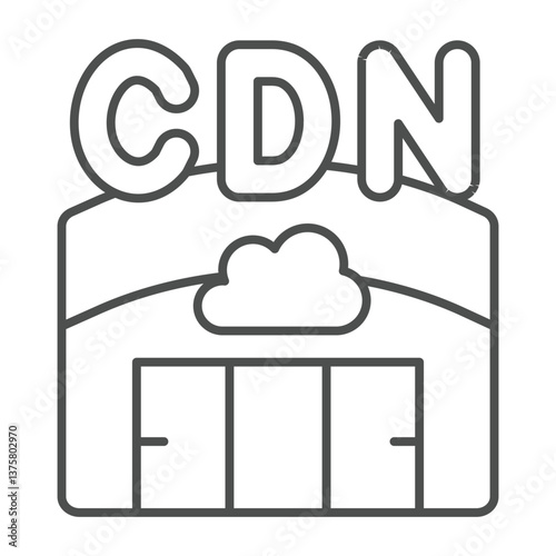 Hangar with cloud servers thin line icon, neural dataset concept. Vector graphics. Data delivery network, cloud storage sign on white background, outline style icon for mobile or web design.