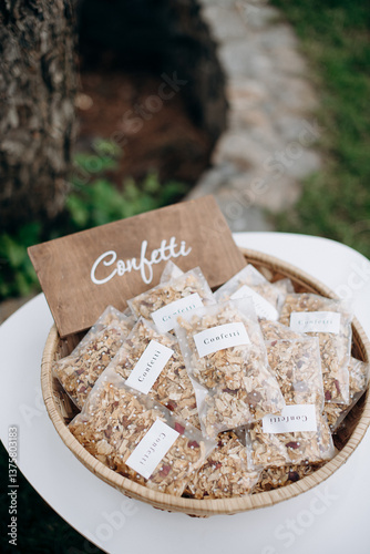 Wicker basket filled with granola bags labeled Confetti on a white table
