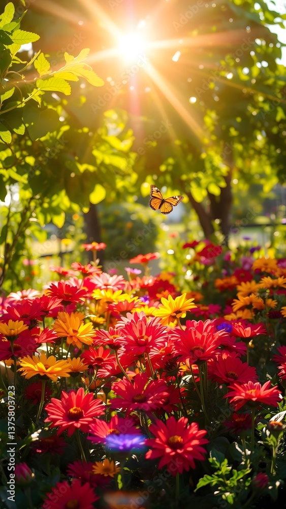 Obraz premium Vibrant Garden with Butterfly and Daisies