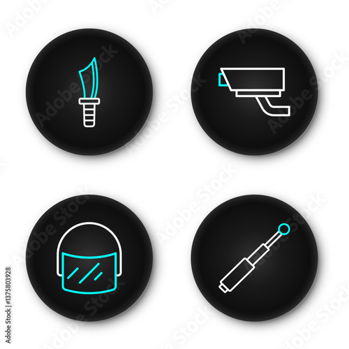 Set line Telescopic baton, Police helmet, Security camera and Military knife icon. Vector