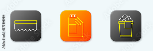 Set line Sponge, Bottle for cleaning agent and Bucket with foam icon. Vector