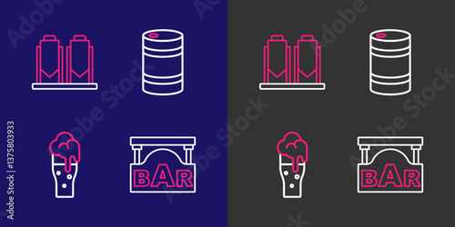 Set line Street signboard with Bar, Glass of beer, Metal keg and Beer brewing process icon. Vector