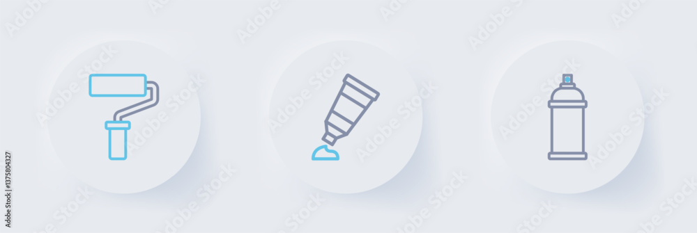 Set line Paint spray can, Tube with paint palette and roller brush icon. Vector Set line Paint spray can, Tube with paint palette and roller brush icon. Vector