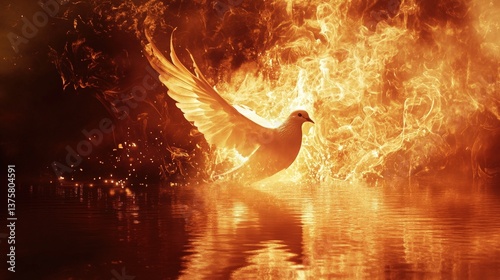 White dove emerging from flames against a fiery background  