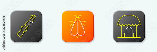 Set line Hunting gun, Mosquito and African hut icon. Vector