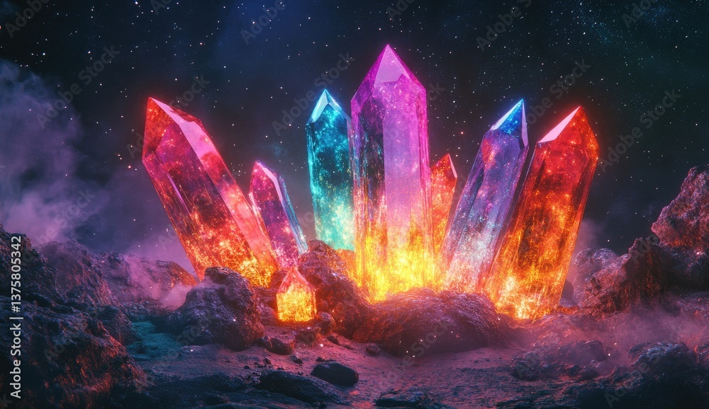 Radiant crystals cluster in a mystical setting Radiant crystals cluster in a mystical setting