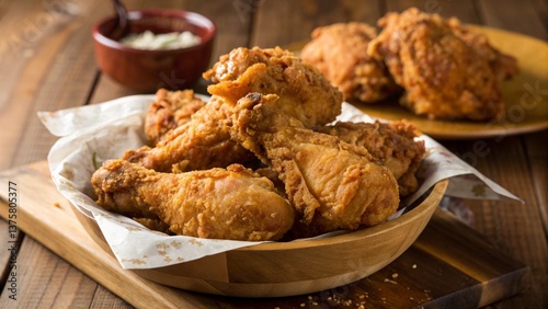 crispy coated batter southern style fried chicken in a wooden table
