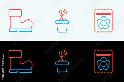 Set line Pack full of seeds of plant, Waterproof rubber boot and Flower in pot icon. Vector