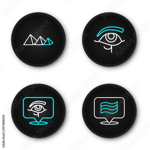 Set line Flag Of Egypt, Eye of Horus, and pyramids icon. Vector