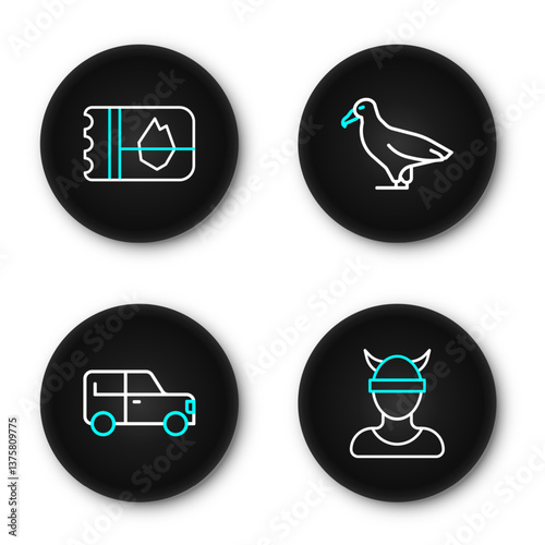 Set line Viking head, Car, Albatross and Ticket Iceland icon. Vector