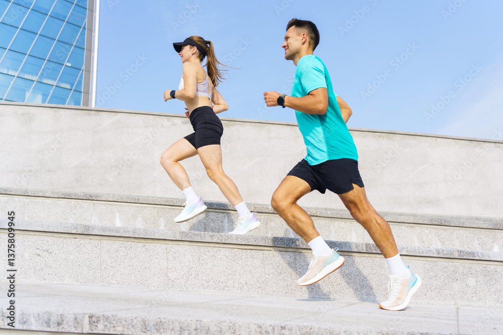 Energetic Joggers Navigating the Urban Landscape During a Bright Afternoon Workout Session Energetic Joggers Navigating the Urban Landscape During a Bright Afternoon Workout Session