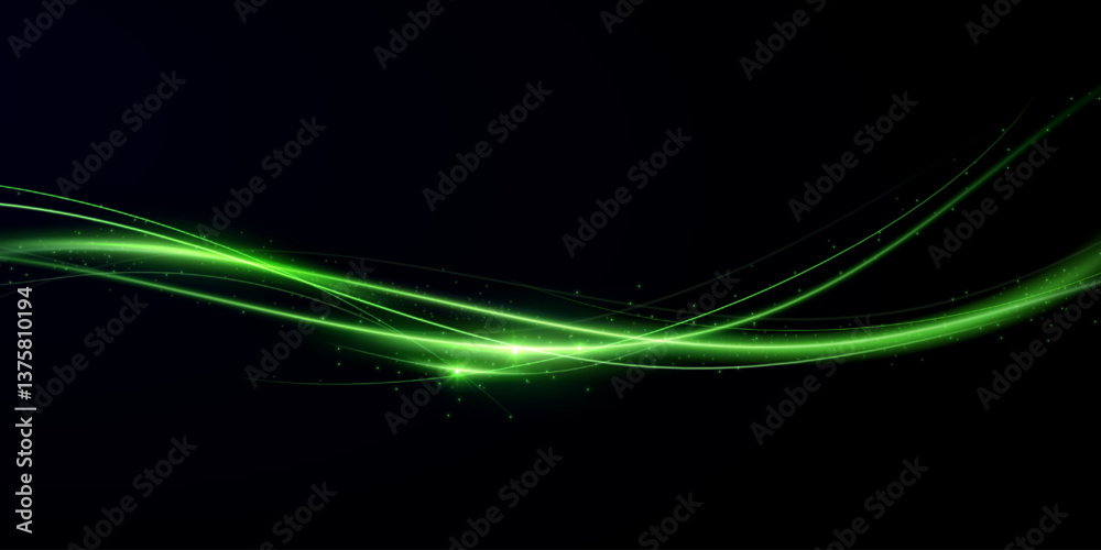 Green speed lines, light in motion, glowing light trails with sparkles. Vector decor wind. Green speed lines, light in motion, glowing light trails with sparkles. Vector decor wind.