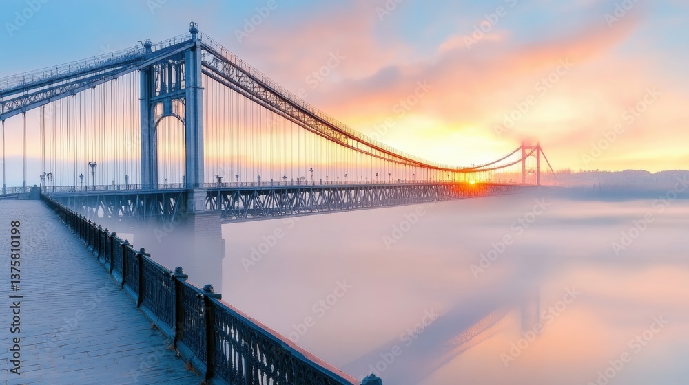 Obraz premium Majestic Suspension Bridge at Sunrise with Calm Waters Below