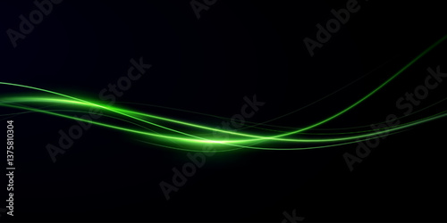 Green speed lines, light in motion, glowing light trails with sparkles. Vector decor wind.