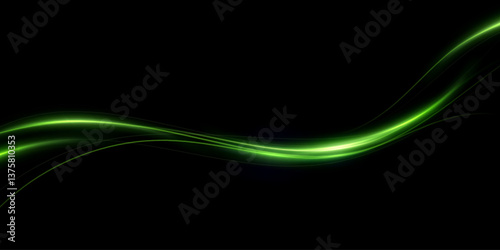 Green speed lines, light in motion, glowing light trails with sparkles. Vector decor wind.
