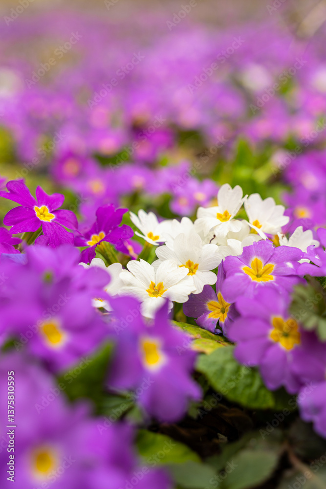 Meadow full of pink and white primulas.
