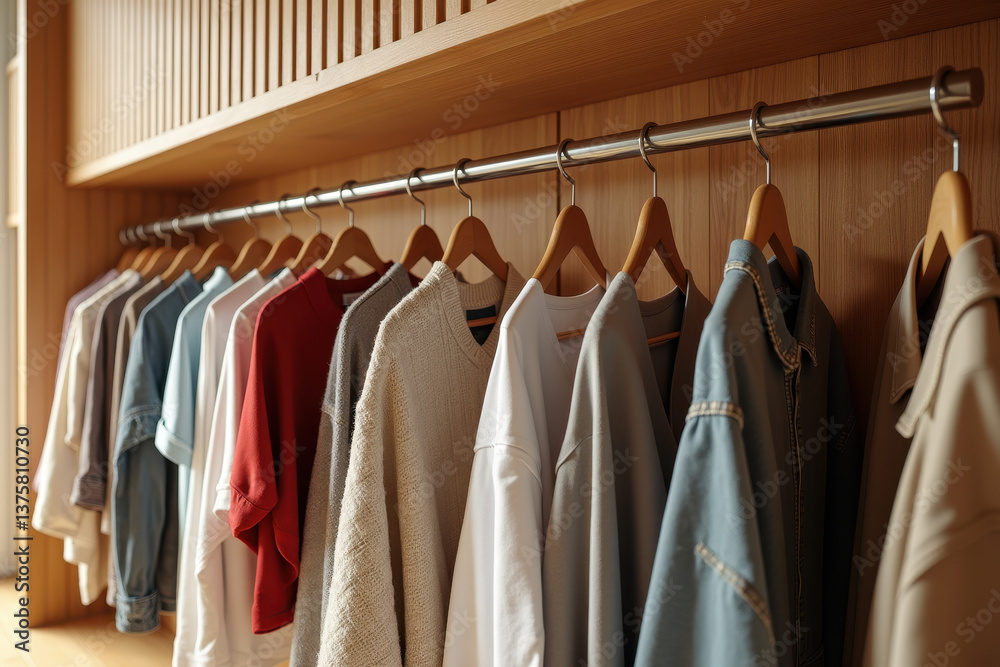 Minimalist wardrobe showcasing diverse hanging clothing styles Minimalist wardrobe showcasing diverse hanging clothing styles