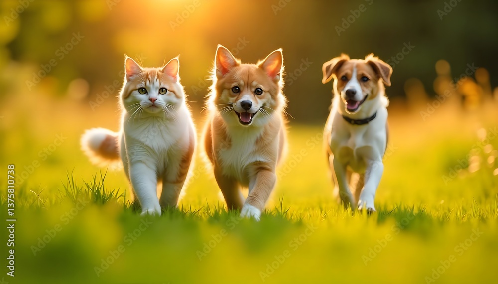 group of pets two cats and a couple of dogs walking on the grass in a sunny summer meadow group of pets two cats and a couple of dogs walking on the grass in a sunny summer meadow