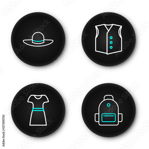 Set line School backpack, Woman dress, Waistcoat and Elegant women hat icon. Vector