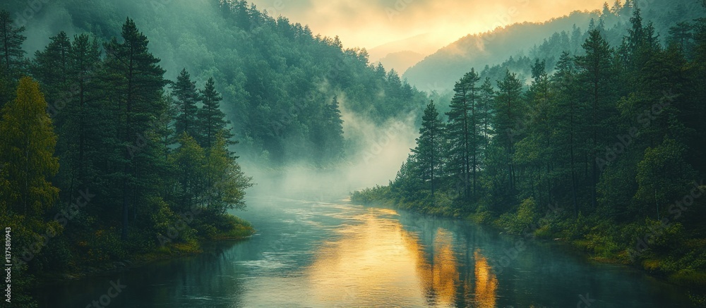 Fototapeta premium Misty River Valley at Sunrise