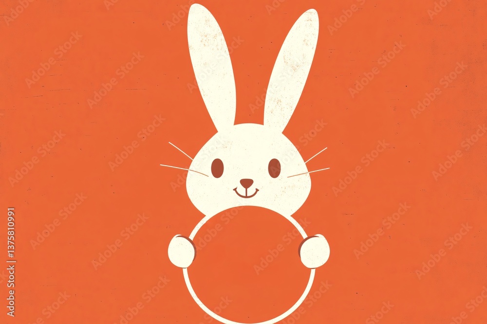 Fototapeta premium A sweet bunny rabbit gently holding a large orange circle, a charming Easter illustration with a textured burnt orange background.