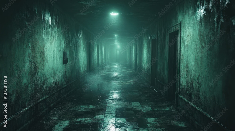 Fototapeta premium Empty, eerie hospital hallway, fog, fading light. Use for horror, thriller, or mystery