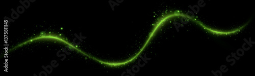 Green speed lines, light in motion, glowing light trails with sparkles. Vector decor wind.