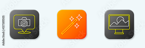 Set line Photo camera, retouching and icon. Vector