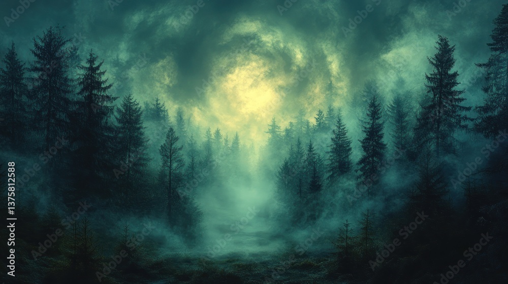 Misty forest path at night with ethereal moon Misty forest path at night with ethereal moon