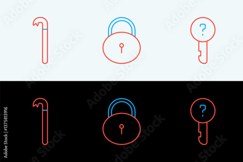 Set line Undefined key, Crowbar and Lock icon. Vector