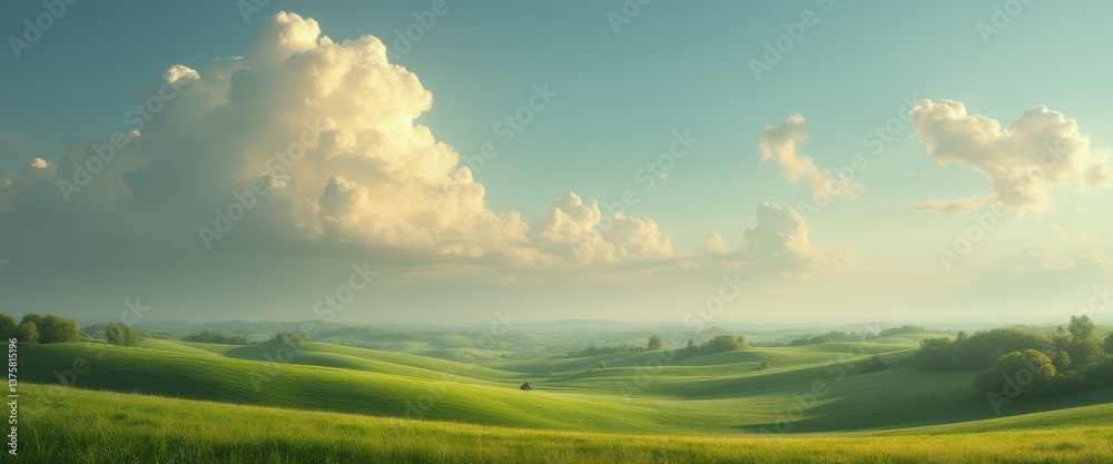 Fototapeta premium Serene Green Hills Under a Pastel Sky with Fluffy Clouds - A Tranquil and Scenic Landscape