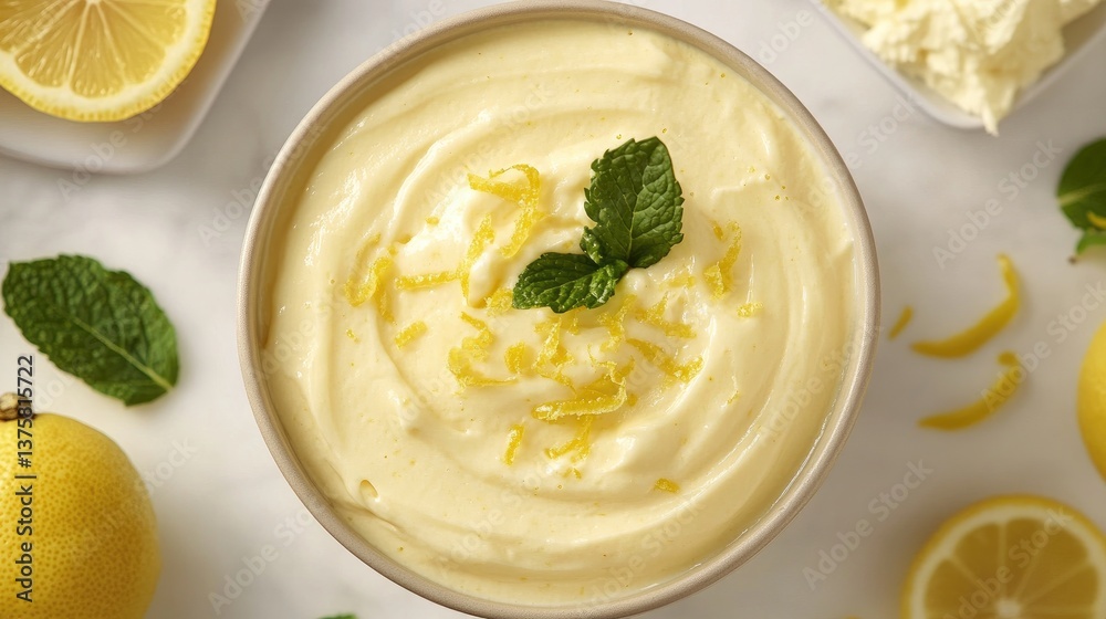 A lemon mousse with a smooth, glossy finish, topped with a curl of lemon zest and a sprig of mint A lemon mousse with a smooth, glossy finish, topped with a curl of lemon zest and a sprig of mint