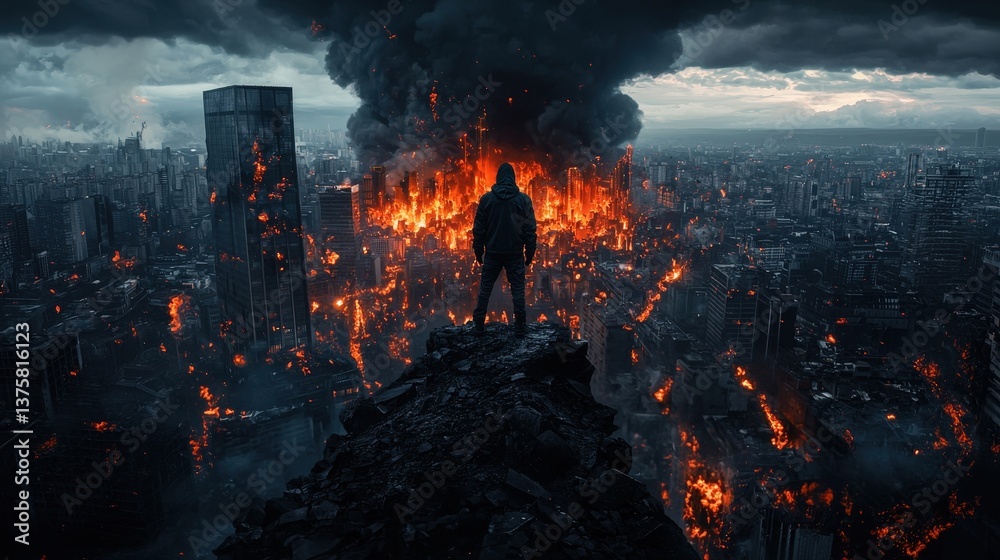Obraz premium Man Standing on Edge Overlooking City in Flames and Smoke