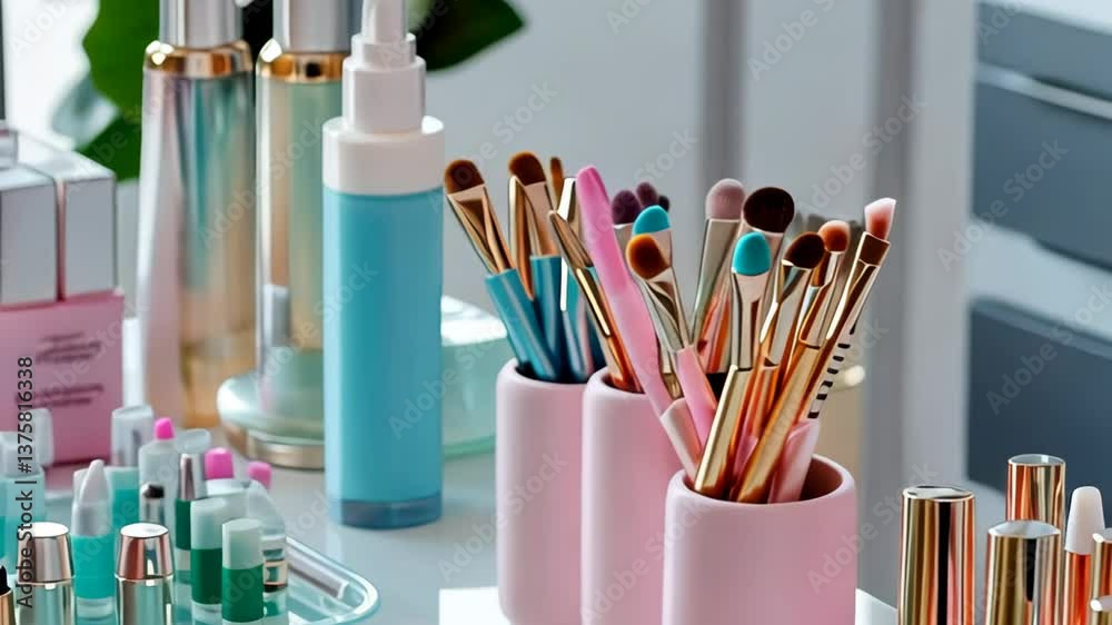 A clean nail salon table with pastel polish bottles and neatly arranged tools