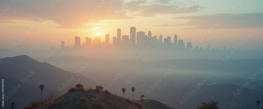 Misty mountain view of a dense metropolis bathed in the warm glow of the setting sun Misty mountain view of a dense metropolis bathed in the warm glow of the setting sun