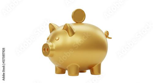 Isolated Golden Piggy Bank with Coin