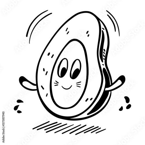 Funny avocado fruit. Happy smiling face in character. Outlines drawing