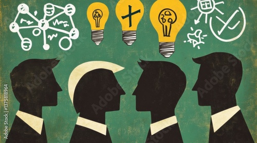 Silhouette of Four Men Brainstorming Ideas on a Green Chalkboard Background
