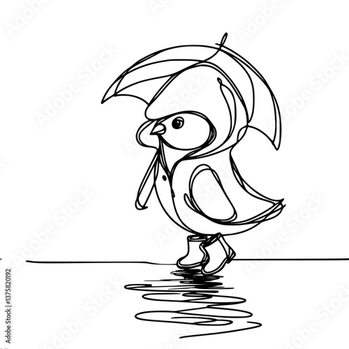 Cute bird walking with an umbrella on a rainy day , single line vector 
