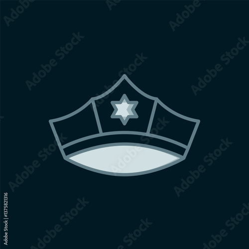 Line Police cap with cockade icon isolated on black background. Police hat sign. Flat filled outline style with shadow. Vector