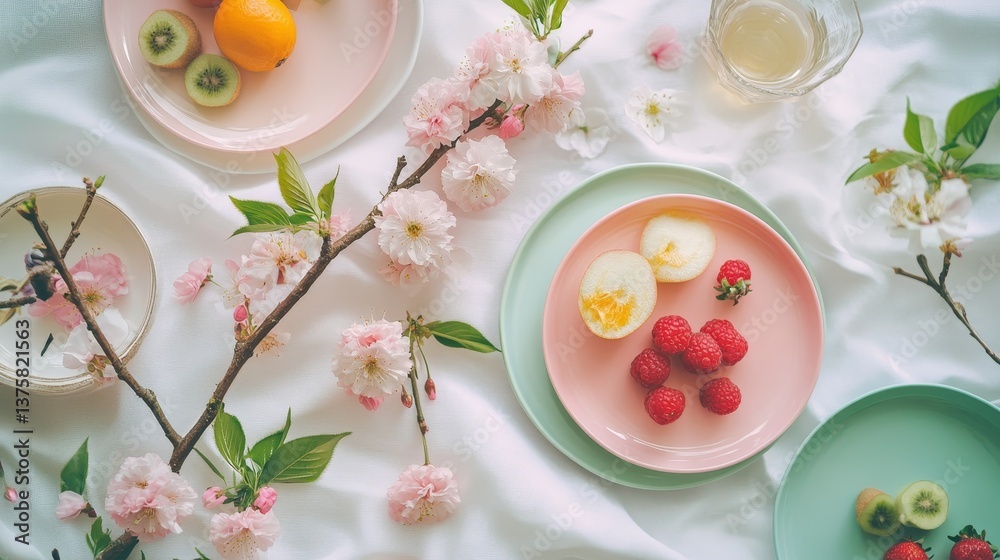 The image portrays a table set with dishes, a vase containing oranges, and an egg lying on a bed The image portrays a table set with dishes, a vase containing oranges, and an egg lying on a bed