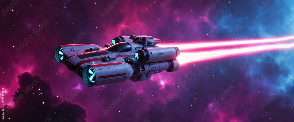 Futuristic spaceship traveling through galaxy with bright lasers Futuristic spaceship traveling through galaxy with bright lasers