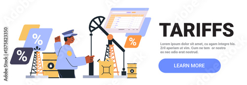 Oil trade tariffs concept with oil worker operating pump jack surrounded by percentage symbols barrels and digital chart in modern flat style