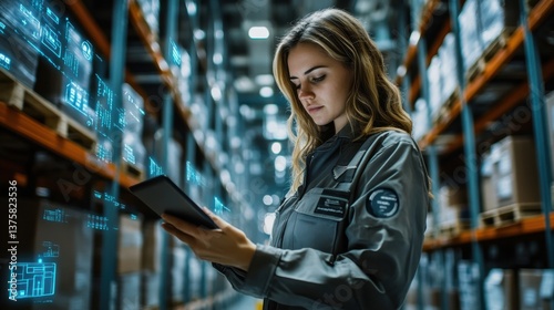 A woman in a warehouse uses a tablet, with digital interfaces visible around her, representing modern technology in logistics and management.