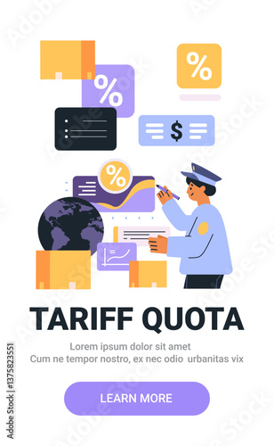 Trade tariffs concept customs officer examining documents globe boxes percentage signs colorful elements modern design