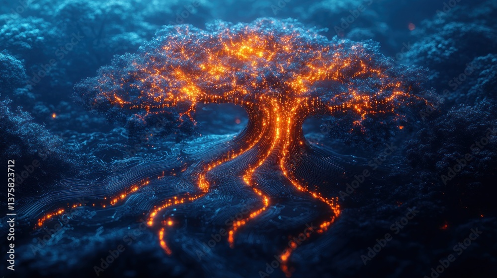 Fototapeta premium Fiery glowing tree in mystical night forest