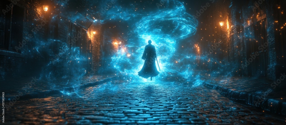Fototapeta premium Mystical figure walking cobblestone alleyway, swirling blue energy