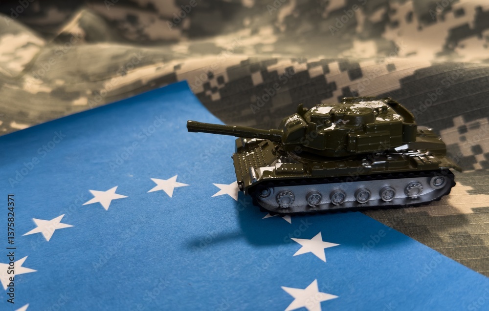 Obraz premium War, confrontation concept. European Union, Russia. Tanks toy near european flag
