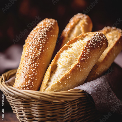 Homemade baguette in basket, sesame seeds on top, ฃ